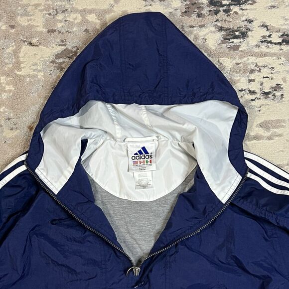 Vintage ADIDAS Pullover Men Anorak Jacket Windbreaker Navy Hood XL Stripes Lined - Picture 3 of 11
